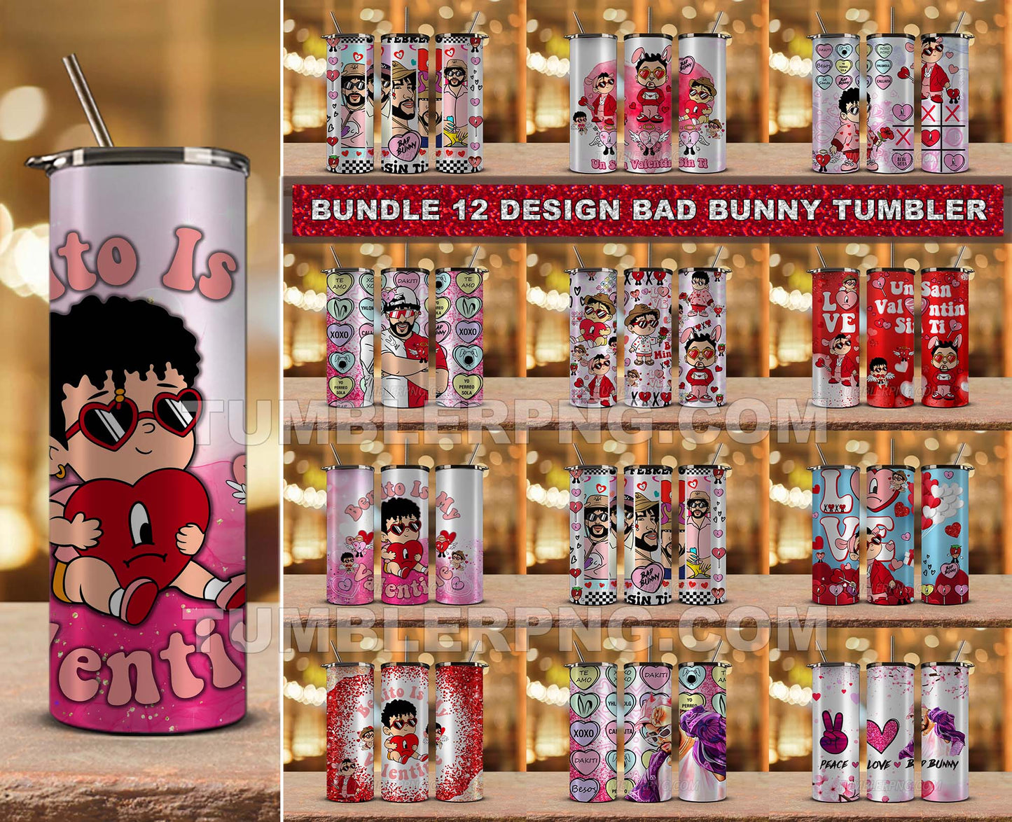 Bundle 12 Design Tumbler Wrap Bad Bunny Valentine ,Valentine Tumbler 82