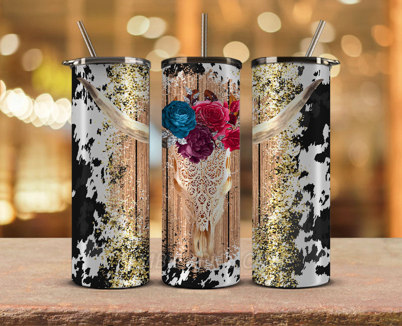 Western Tumbler Design Cowgirl Bull Cow Skull,Cowhide Tumbler Png,Cowhide Skull Western Tumbler Wrap 10
