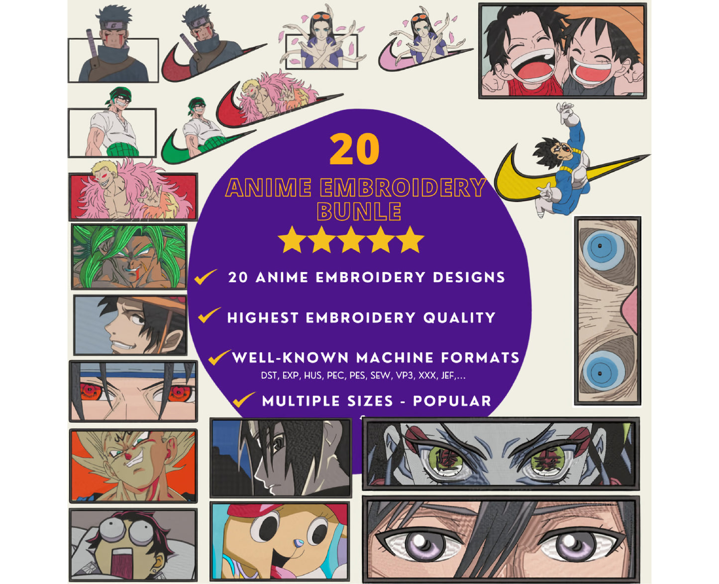 20 Anime Embroidery Designs, Anime Embroidery Bundles 10