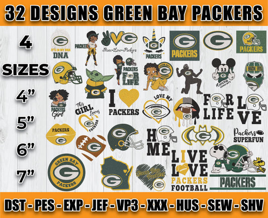 Green Bay Packers Football Logo Embroidery Bundle, Bundle NFL Logo Embroidery