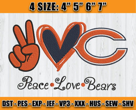 Bears Embroidery, Peace Love Bears, NFL Machine Embroidery Digital 131