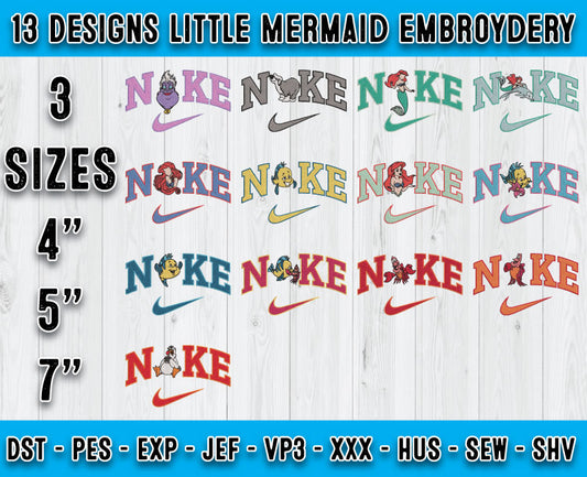 13 Design Little Mermaid Embroidery, Bundle Cartoon Embroidery