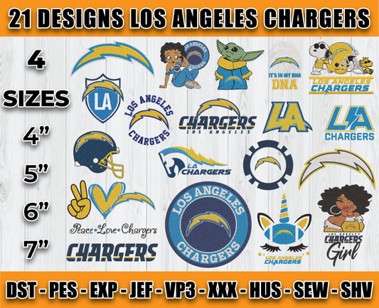 Los Angeles Chargers Football Logo Embroidery Bundle, Bundle NFL Logo Embroidery