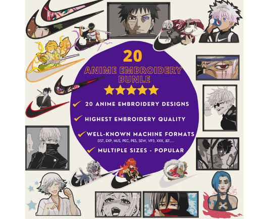 20 Random Anime Embroidery Designs, Anime Embroidery Bundles 01