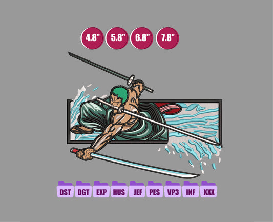 Roronoa Zoro Anime Embroidery Design, Anime Machine Embroidery Design 30