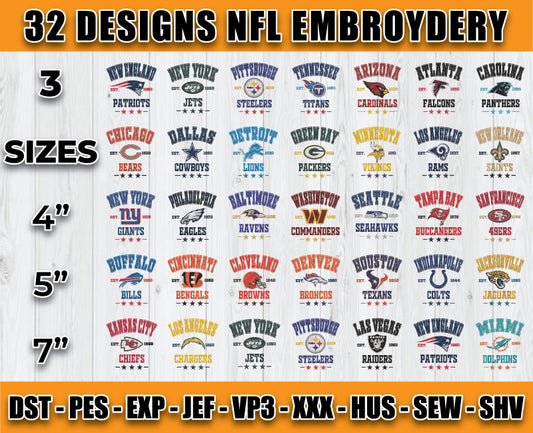 32 Designs NFL Football Logo Embroidery Bundle, Bundle NFL Logo Embroidery