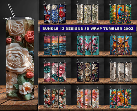 12+ 3D Flowers Tumbler Wrap Sublimation Bundle, 3D Floral Sublimation Tumbler Design Bundle, 3D Tumbler Wrap ,Instant Download PNG 40