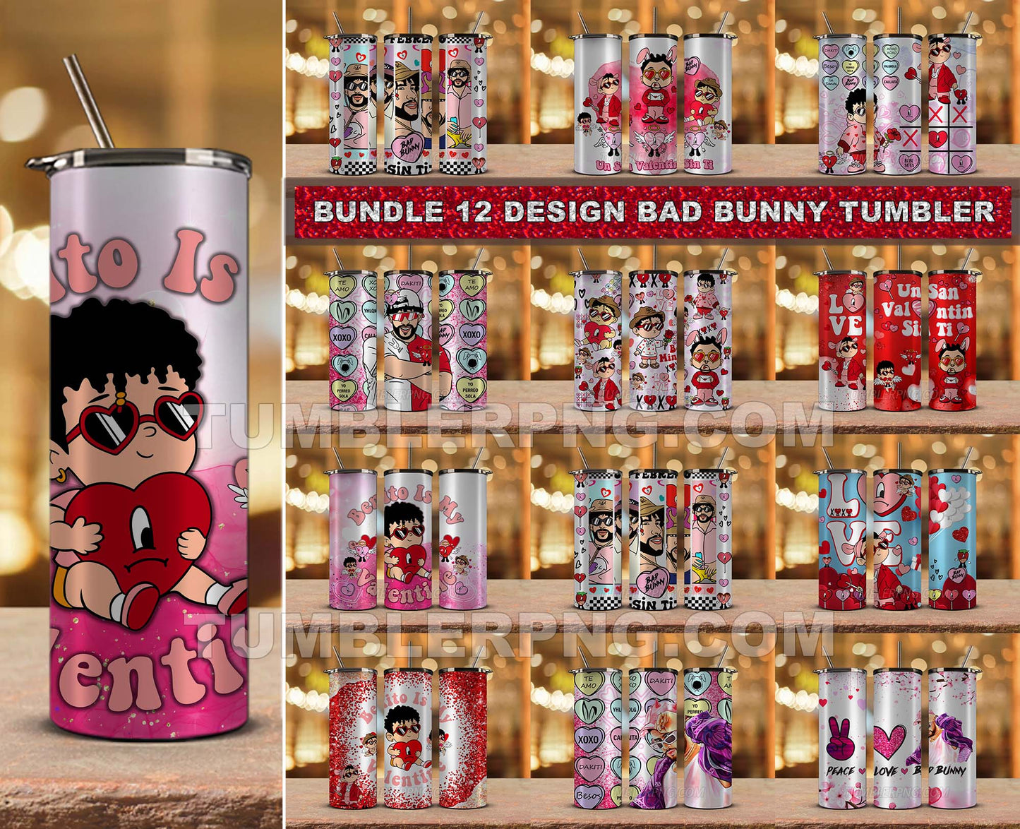 Bundle 12 Design Tumbler Wrap Bad Bunny Valentine ,Valentine Tumbler  82