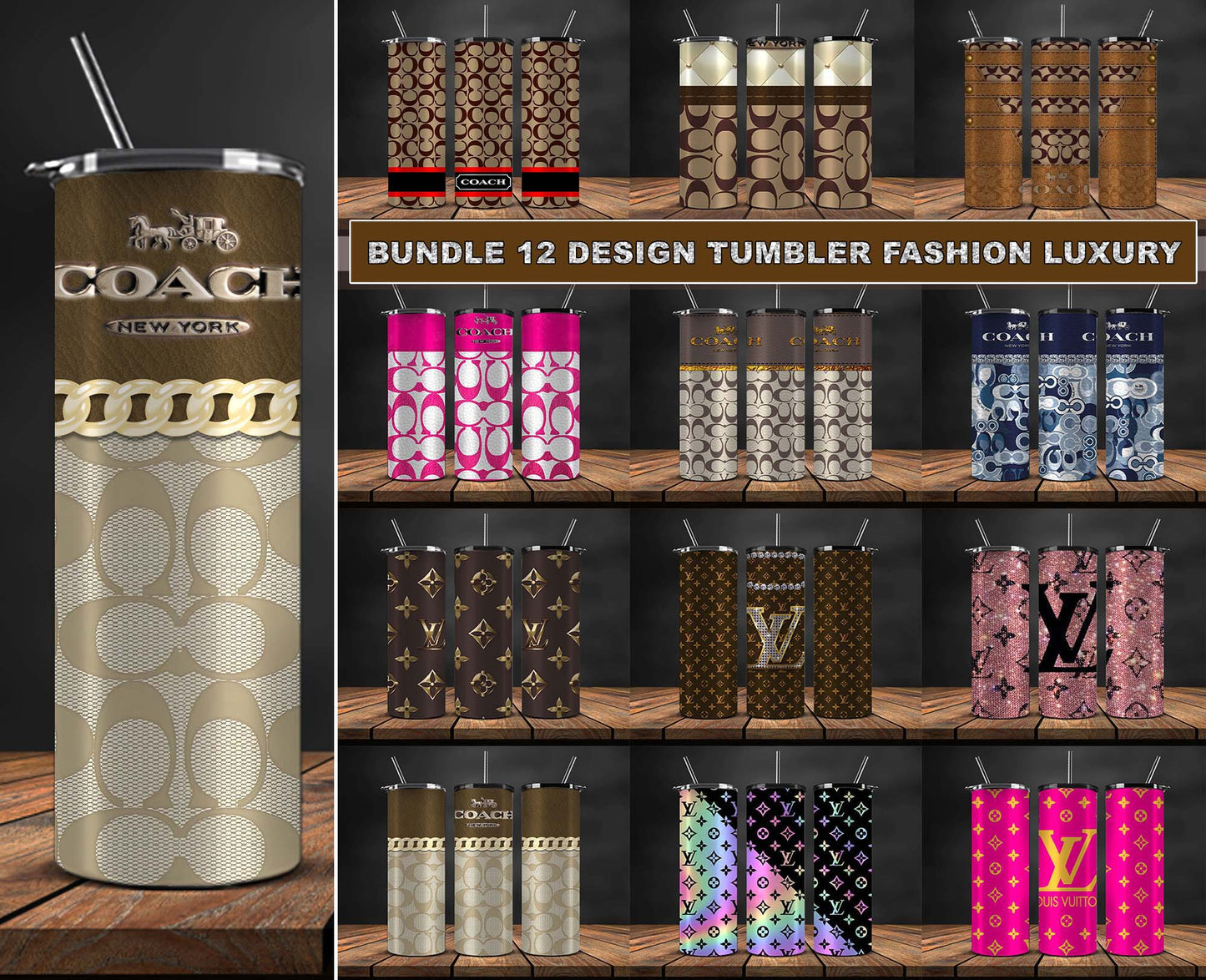 12 Design Brand Logo Fashion Tumbler Designs Bundle 2023 , Tumbler Logo Brand 125