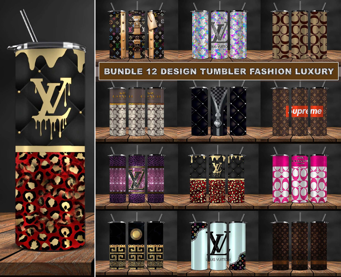 12 Design Brand Logo Fashion Tumbler Designs Bundle 2023 , Tumbler Logo Brand 124