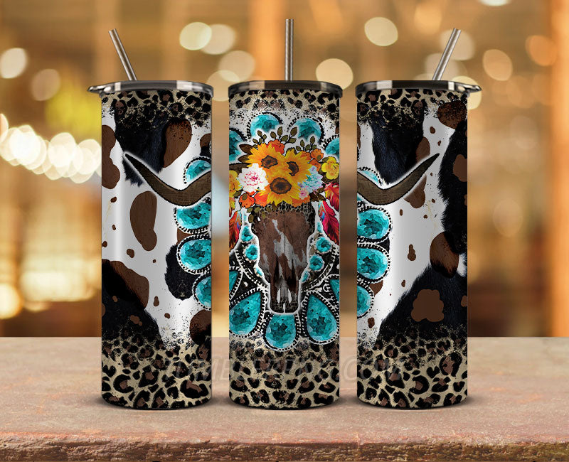 Western Tumbler Design Cowgirl Bull Cow Skull,Cowhide Tumbler Png,Cowhide Skull Western Tumbler Wrap 15