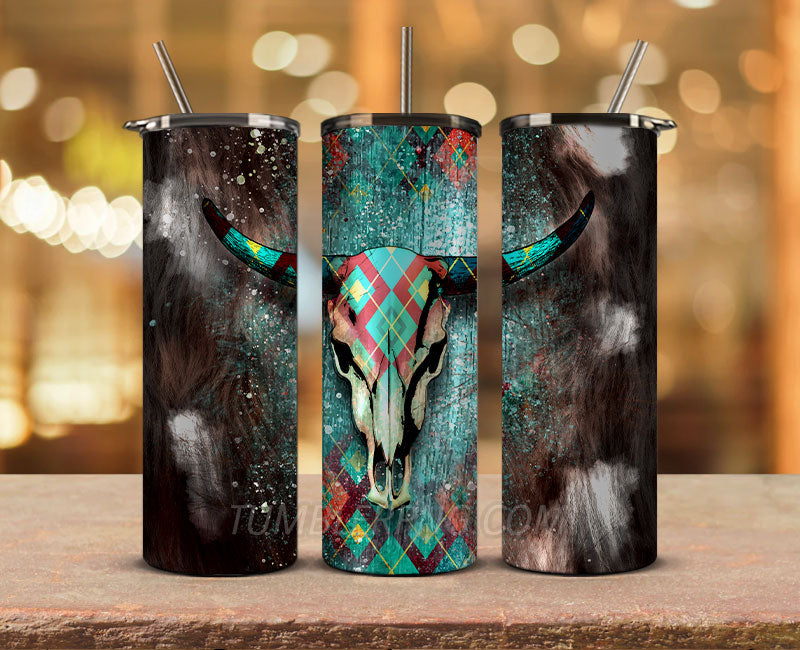 Western Tumbler Design Cowgirl Bull Cow Skull,Cowhide Tumbler Png,Cowhide Skull Western Tumbler Wrap 04