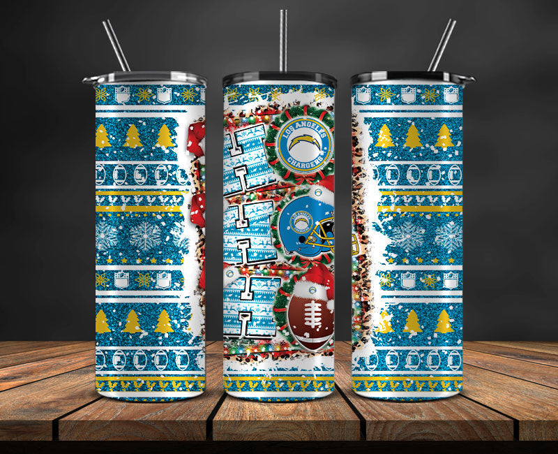 Los Angeles Chargers Christmas Ho Ho Ho Tumbler Wrap,  NFL Patterns Christmas Png 59