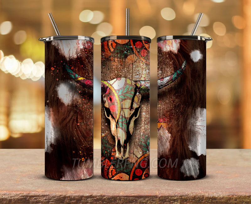 Western Tumbler Design Cowgirl Bull Cow Skull,Cowhide Tumbler Png,Cowhide Skull Western Tumbler Wrap 05